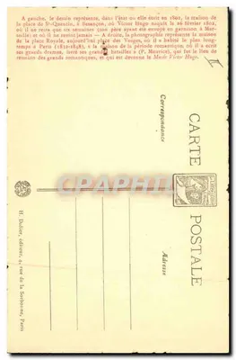 Geboortehuis van Besançon — Huis op de Place des Vosges (Parijs) — Victor Hugo in Beeld, uitgever H. Dulier, n°13 — Achterkant