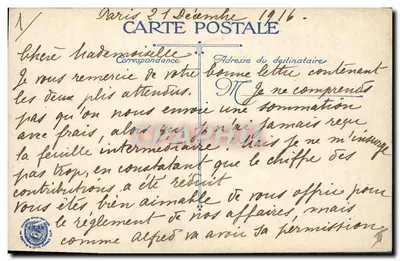 Catedral gótica em chamas — Paris — Carte postale datada 21 de dezembro de 1916 — Verso