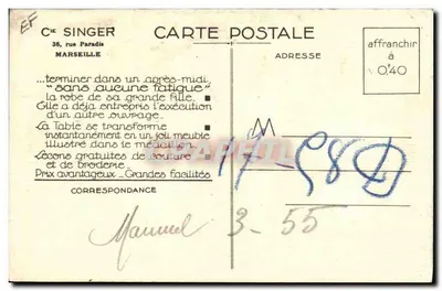 La Couture a Eletricidade — Publicidade para a máquina Singer 15 K 71 40 — Editor F. MONDE — Verso