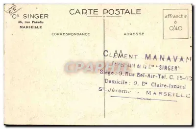 Donna alla macchina da cucire Singer Elettrica 15 K 82 — Pubblicità — Cie Singer, Marsiglia — Verso
