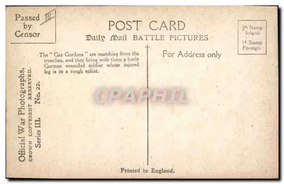 Gordons che portano un soldato tedesco ferito — Cartolina d'epoca Daily Mail Battle Pictures, serie III, n°22 — Verso