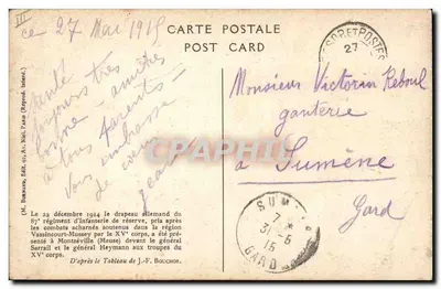 Zdjęcie podniesienia niemieckiego flagi przez 97. pułk piechoty rezerw w Montzéville — J.-F. Bouchor, wyd. M. Bézannes — Rewers