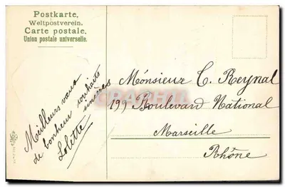 Niebieskie kwiaty w kopercie — Dobre i szczęśliwe święta! — Postkarte. Weltpostverein. Karta pocztowa. Uniwersalna Unia Pocztowa. — Rewers