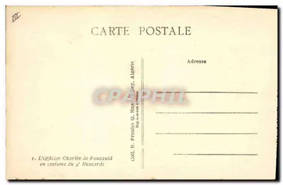 O Oficial Charles de Foucauld — em traje do 4º Hussards — Coll. R. Prouho, Hussein-Dey, Argélia — Verso