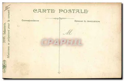 Músicos se preparando para o concerto — Infantaria — editor Aquitaine, n° 3595 — Verso