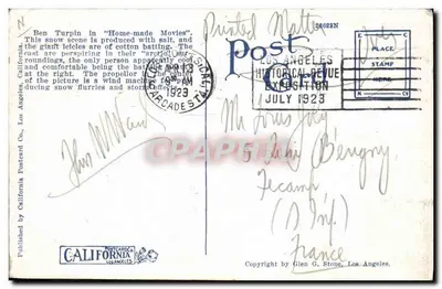 Falsificare una scena di neve in California tropicale — Mack Sennett Studios, Edendale — Pubblicato da California Postcard Co. — Verso