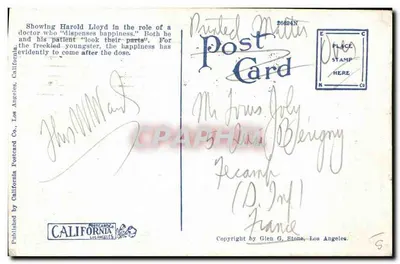 Dr. Harold Lloyd e il suo paziente, Micky Daniels — California Postcard Co. n°26824N — Verso