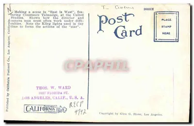 Hollywood'da çekim sahnesi — Constance Talmadge — California Postcard Co. yayıncılığı, n° 26631N — Arka yüz