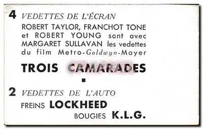 Três camaradas — filme da Metro-Goldwyn-Mayer — propaganda para Lockheed e K.L.G. — Verso