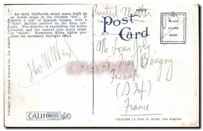 Cảnh ngoài trời được dựng trong nhà — Christie Studios, Hollywood — California Postcard Co. — Mặt sau