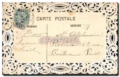 Arranjo de pensos — Eu penso em você — Carta postal decorada com renda — Verso