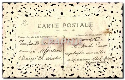 Flores e laço — Boa Ano — Carta postal decorada com renda violeta — Verso