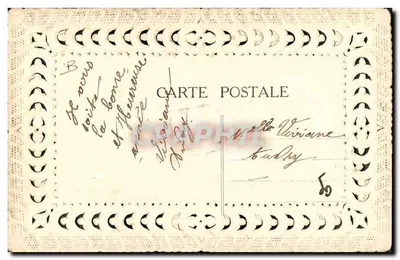 Mata de violetas — Boa Ano — Carta postal decorada com motivos recortados — Verso