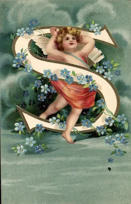 Cherub dans une lettre S — décorée de fleurs — Carte postale universelle