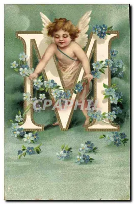 Cherubin dans la lettre M — décor floral