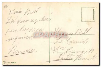 Arrastre del Toro — scène de corrida avec deux hommes et deux chevaux ornés de drapeaux espagnols — éditeur 'Printed in Switzerland' et n° de série 1014/15 — Verso
