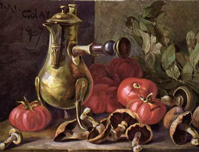 Natureza morta — vaso de água em metal, tomates e cogumelos — Tuck's Post Card n°347