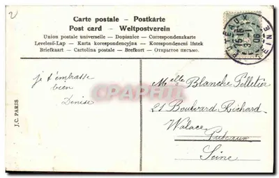 Bukiet kwiatów niebieskich w koszyku — Dobra Rok — J.C. Paris — Rewers