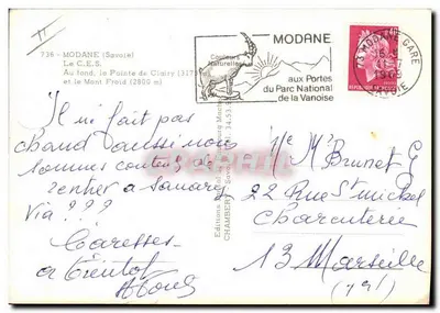 C.E.S. w Modane — W tle, Szczyt Clairy (3175 m) i Góra Zimowa (2800 m) — Wydawnictwo Drukarza Machery — Rewers