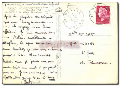 Nowoczesna pocztówka Grenoble Le village olympique 1968 — Rewers