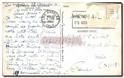 Hollywood Park Racetrack — corrida de cavalos — "Plastichrome" de G. Mitrock & Sons, série P5530 — Verso