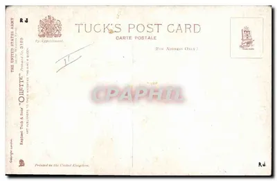 Soldado britânico com bomba e baioneta — pintura de Darryl Payne — editor Tuck's Post Card — Verso
