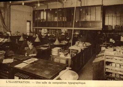 L'ILLUSTRATION — Uma sala de composição tipográfica.