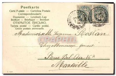 Niña en vestido blanco — tarjeta postal decorada con flores violetas — editor S. 404 — Reverso