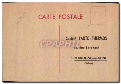 Publicidade para o Auto-Thermos — Sociedade Auto-Thermos, 14 Rue Béranger, Boulogne-sur-Seine — Verso