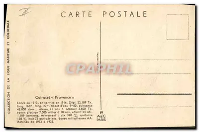 Cruzador « Provence » — Coleção da Liga Marítima e Colonial — Editor E.A.E.C. Paris — Verso