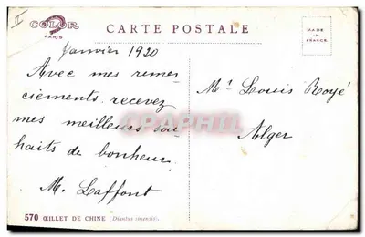 Bouquet de fleurs — Dianthus sinensis — éditeur GILLET DE CHINE, n° 570 — Verso