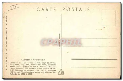 Cruzador « Provence » — Coleção da Liga Marítima e Colonial — Editor A&C Paris — Verso