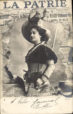 Mulher com chapéu — retrato com fundo de jornal — La Patrie, Paris, 1907