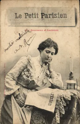 Mulher lendo Le Petit Parisien — Edição Fototipia A. Bongevel et Cie, Nancy — Série 'Les Embusques'