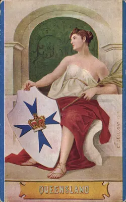 Queensland — figura alusiva segurando um escudo — Ét. Declosay 1905
