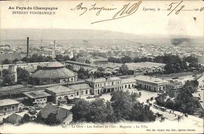 Épernay - Panoramablick - Die Station, Die Ostwerkstätten, Magenta, Die Villa — Verleger: Em. Choque, Verleger, Épernay