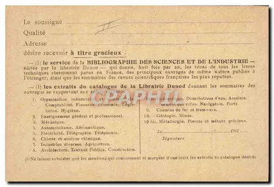 Carte postal educativa — Bibliografia das ciências e da indústria — Editor Dunod, Paris-VIe — Verso