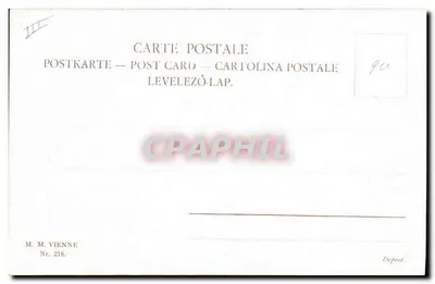 Caza del hipopótamo — jinete en rojo y perros — M. M. Viena, N.º 218 — Reverso