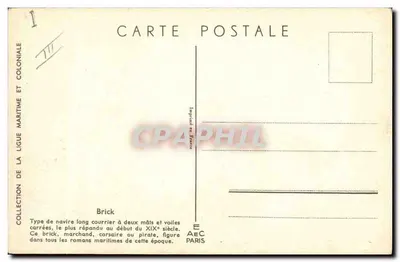 Brick — tipo de navio com dois mastros e velas quadradas — Coleção da Liga Marítima e Colonial, impresso na França — Verso