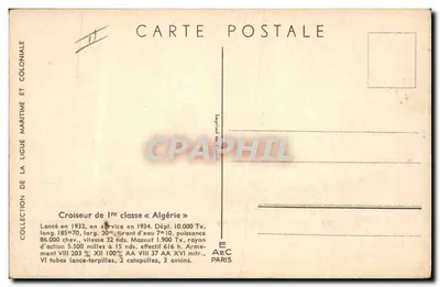 Cruiser de primeira classe «Algérie» — Coleção da Liga Marítima e Colonial — Editor E.A.E.C. Paris — Verso