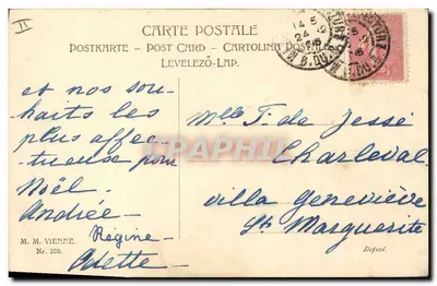 Menina segurando um cachorro e um buquê — cartão de boas-vindas de ano novo — M.M. Viena, n° 238 — Verso