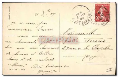 Deux jeunes femmes et un homme — scène de vœux — imprimé 'Printed in Austria' et n° B.K.W.I. 526-2 — Verso