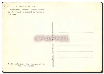 Victoire française — bombardier allemand Heinkel abattu et s'écrase dans nos lignes — Photo France-Prese — Verso