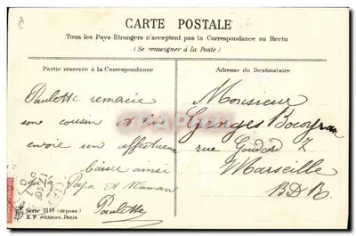 Junge Junge, der ein Eselwagen lenkt — Beste Grüße — Verleger K.F. Éditeurs, Paris, Serie 3119 — Rückseite