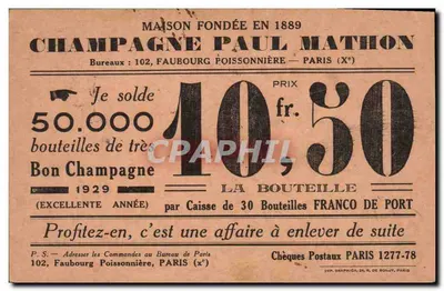 Champagne Paul Mathon — Vinhos espumantes — Casa fundada em 1889 — Impresso — Verso