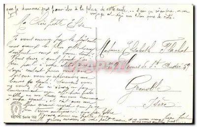 Esqui e montanha — vista de montanha nevada com cabana e esquiadores — editor Vienne, série 762 — Verso