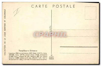 Torpilleiro « Siroco » — Coleção da Liga Marítima e Colonial — I. Kauffner — Verso