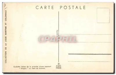 Goélette latina da grande classe navegando "l'argue" ou vento de través — Coleção da Liga Marítima e Colonial, editada por AEC Paris — Verso