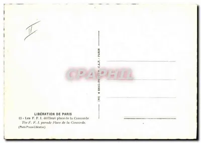 Libertação de Paris — Os F.F.I. desfilam na praça da Concórdia — REAL-PHOTO, C.A.E., Paris — Verso