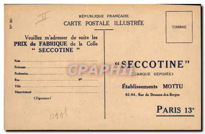 Publicidade para a cola Seccotine — Editor Mottu, Paris 13e — Verso